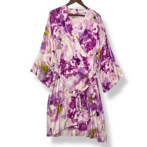 Soma Cool Nights XXL Robe Purple Floral Kimono Sleeve Watercolor Soft Pockets